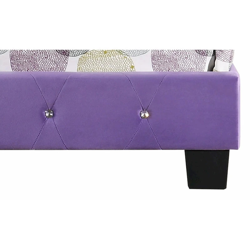 Letto a piattaforma in velluto viola, finiture con borchie, Queen, 1 persona