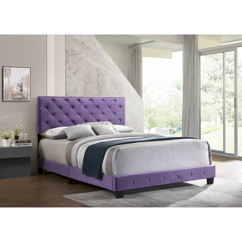 Letto a piattaforma in velluto viola, finiture con borchie, Queen, 1 persona