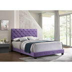 Letto a piattaforma in velluto viola, finiture con borchie, Queen, 1 persona