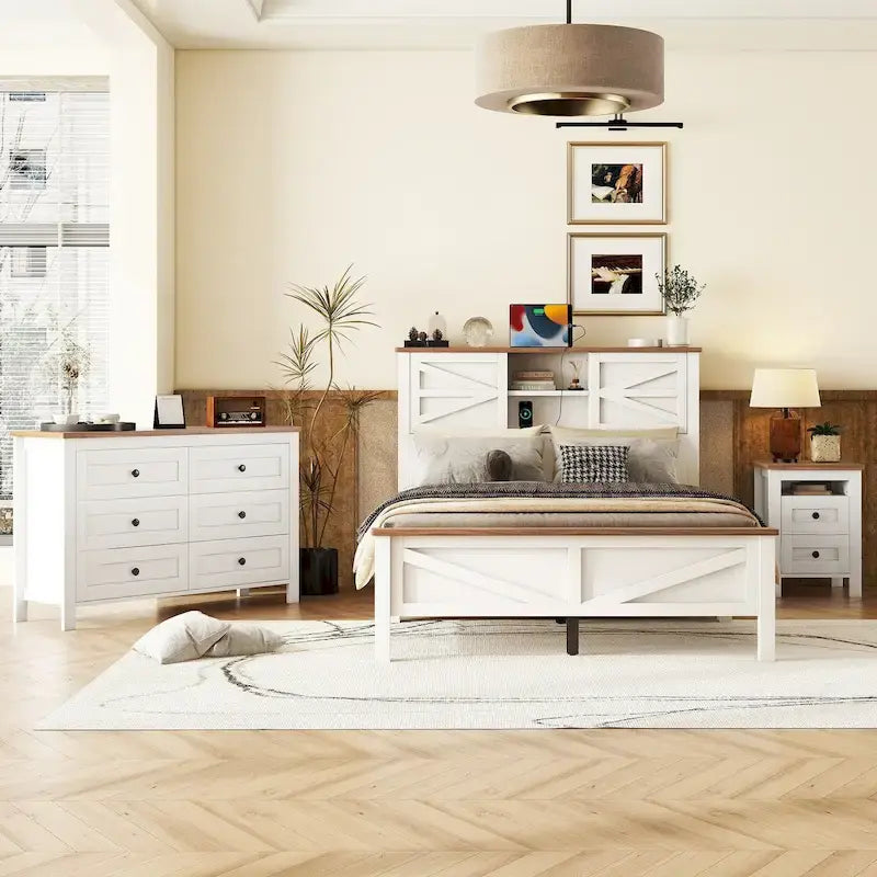 Set camera da letto 3 pezzi bianco/grigio – Letto a piattaforma, comodino e cassettiera (una piazza e mezza/matrimoniale, 1 persona)