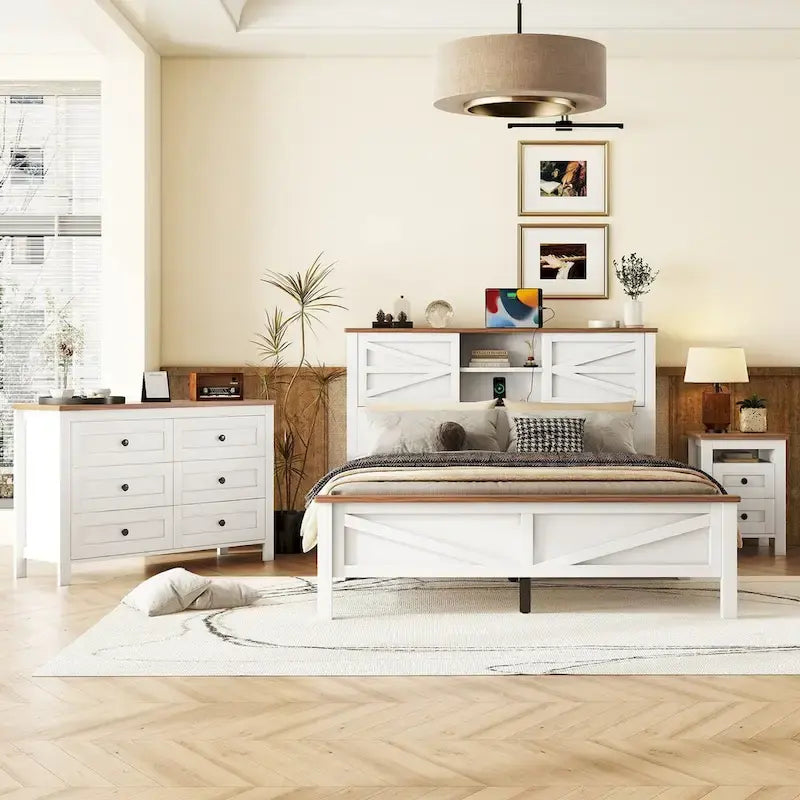 Set camera da letto 3 pezzi bianco/grigio – Letto a piattaforma, comodino e cassettiera (una piazza e mezza/matrimoniale, 1 persona)
