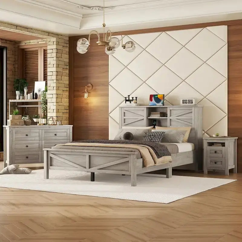 Set camera da letto 3 pezzi bianco/grigio – Letto a piattaforma, comodino e cassettiera (una piazza e mezza/matrimoniale, 1 persona)