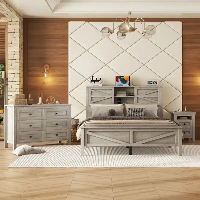 Set camera da letto 3 pezzi bianco/grigio – Letto a piattaforma, comodino e cassettiera (una piazza e mezza/matrimoniale, 1 persona)