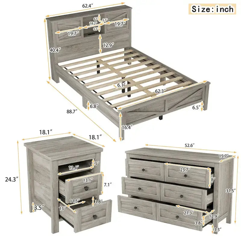 Set camera da letto 3 pezzi bianco/grigio – Letto a piattaforma, comodino e cassettiera (una piazza e mezza/matrimoniale, 1 persona)