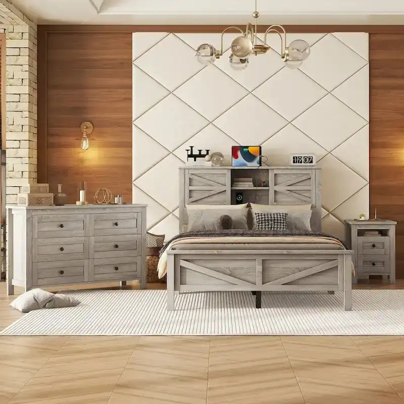 Set camera da letto 3 pezzi bianco/grigio – Letto a piattaforma, comodino e cassettiera (una piazza e mezza/matrimoniale, 1 persona)