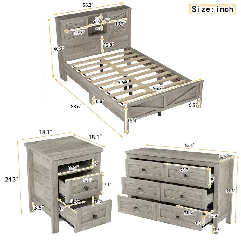Set camera da letto 3 pezzi bianco/grigio – Letto a piattaforma, comodino e cassettiera (una piazza e mezza/matrimoniale, 1 persona)
