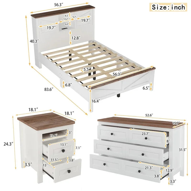 Set camera da letto 3 pezzi bianco/grigio – Letto a piattaforma, comodino e cassettiera (una piazza e mezza/matrimoniale, 1 persona)