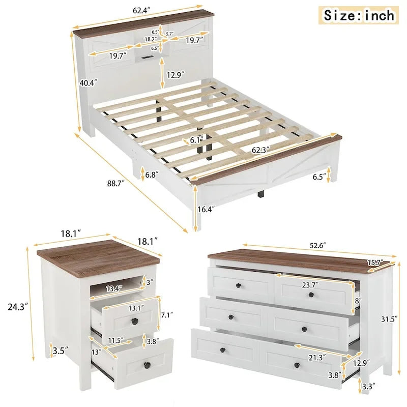 Set camera da letto 3 pezzi bianco/grigio – Letto a piattaforma, comodino e cassettiera (una piazza e mezza/matrimoniale, 1 persona)