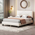 Struttura letto matrimoniale in velluto beige/blu con testiera rivettata, per 2