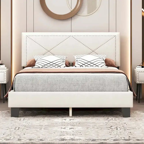 Struttura letto matrimoniale in velluto beige/blu con testiera rivettata, per 2