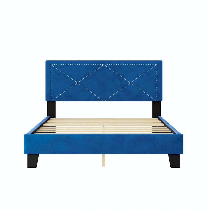 Struttura letto matrimoniale in velluto beige/blu con testiera rivettata, per 2