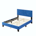Struttura letto matrimoniale in velluto beige/blu con testiera rivettata, per 2