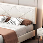 Struttura letto matrimoniale in velluto beige/blu con testiera rivettata, per 2
