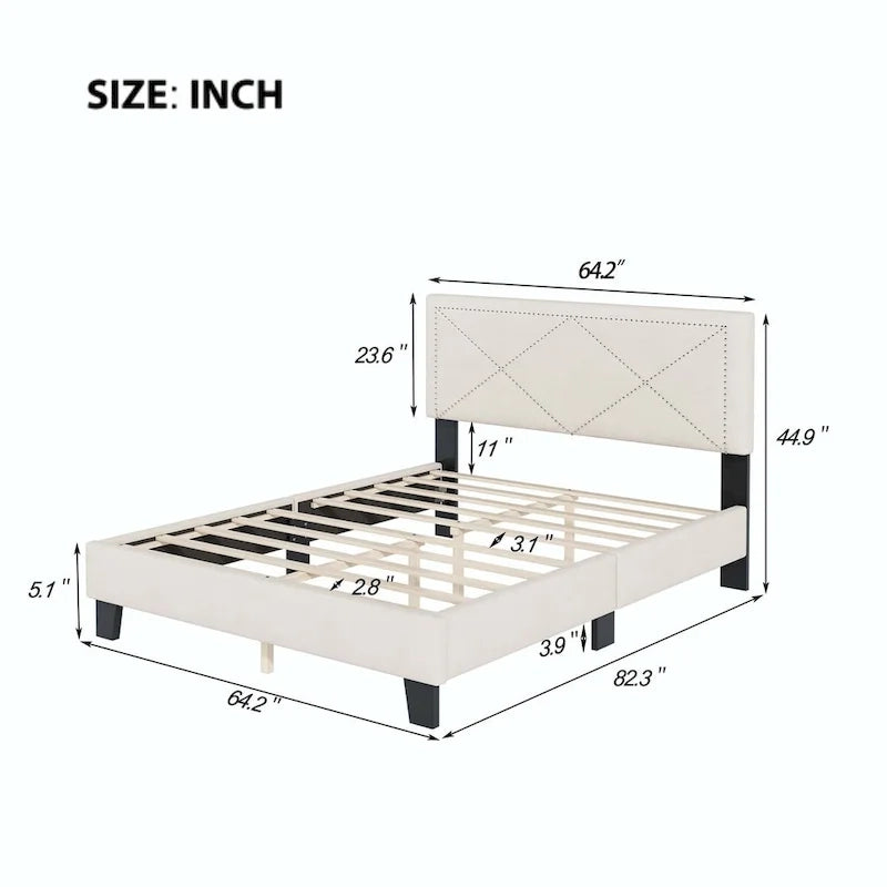 Struttura letto matrimoniale in velluto beige/blu con testiera rivettata, per 2