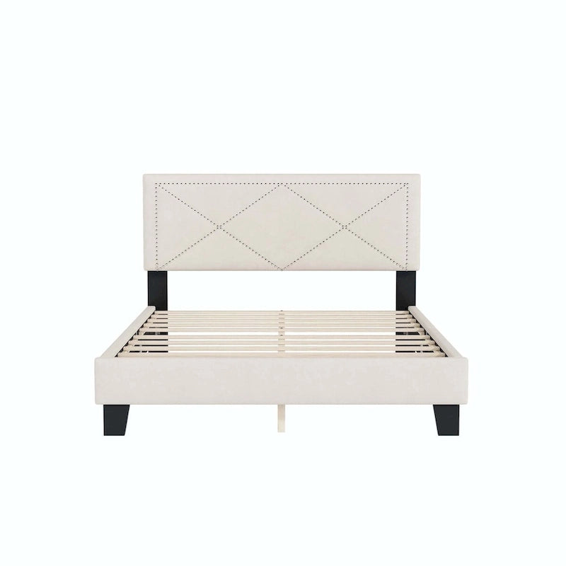 Struttura letto matrimoniale in velluto beige/blu con testiera rivettata, per 2