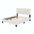 Struttura letto matrimoniale in velluto beige/blu con testiera rivettata, per 2