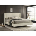 Set letto a pannelli con testiera ad alette in velluto a coste color crema con 2 comodini e panca (Queen/King, 2 persone)