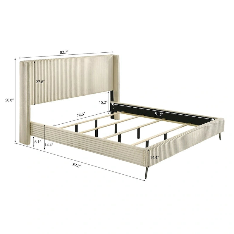 Set letto a pannelli con testiera ad alette in velluto a coste color crema con 2 comodini e panca (Queen/King, 2 persone)