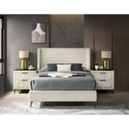Set letto a pannelli con testiera ad alette in velluto a coste color crema con 2 comodini e panca (Queen/King, 2 persone)