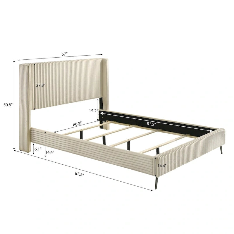 Set letto a pannelli con testiera ad alette in velluto a coste color crema con 2 comodini e panca (Queen/King, 2 persone)