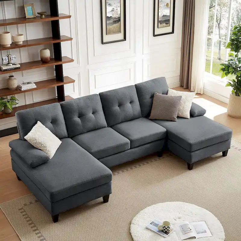 Divano angolare a U in carbone/blu/verde/cenere/beige con doppia chaise longue, 4 posti
