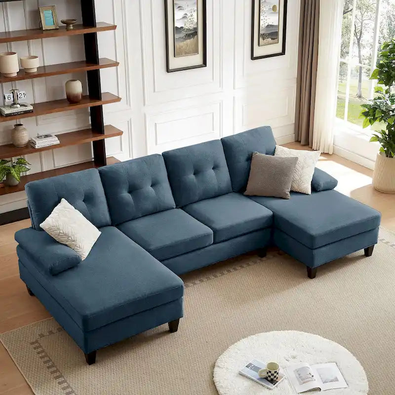 Divano angolare a U in carbone/blu/verde/cenere/beige con doppia chaise longue, 4 posti