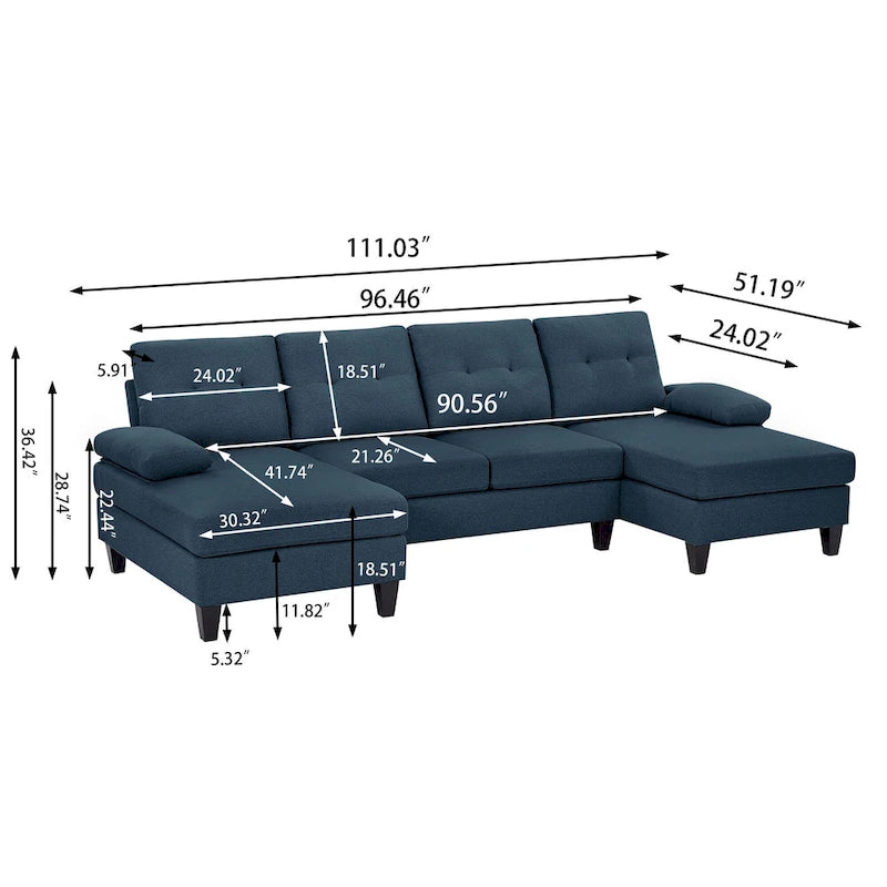 Divano angolare a U in carbone/blu/verde/cenere/beige con doppia chaise longue, 4 posti