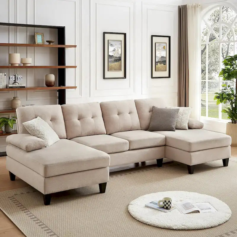 Divano angolare a U in carbone/blu/verde/cenere/beige con doppia chaise longue, 4 posti