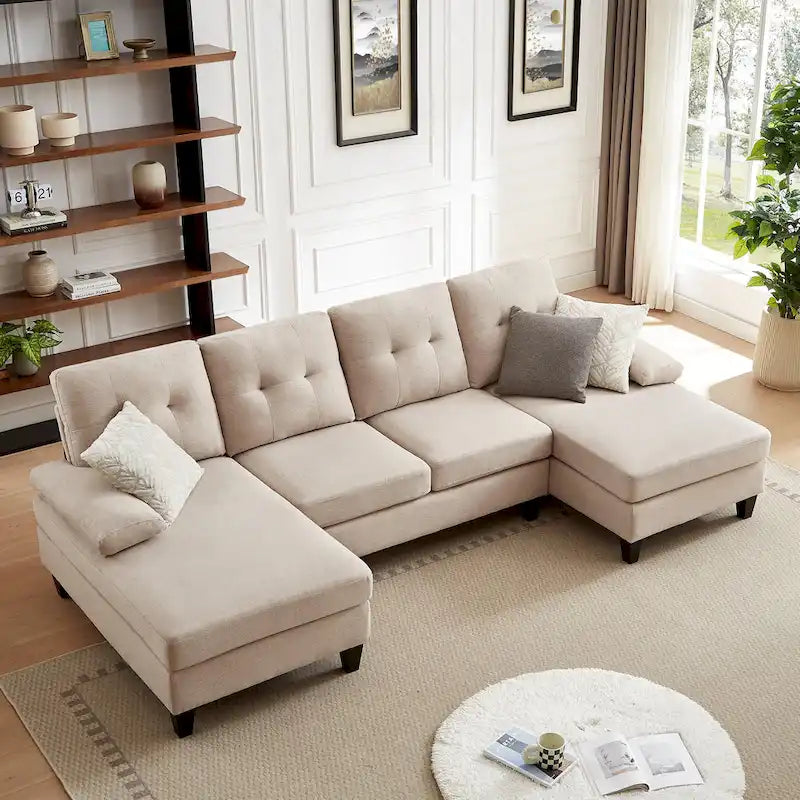 Divano angolare a U in carbone/blu/verde/cenere/beige con doppia chaise longue, 4 posti
