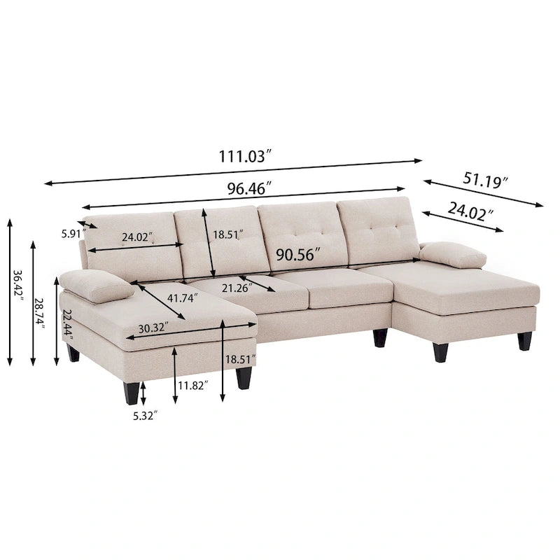 Divano angolare a U in carbone/blu/verde/cenere/beige con doppia chaise longue, 4 posti