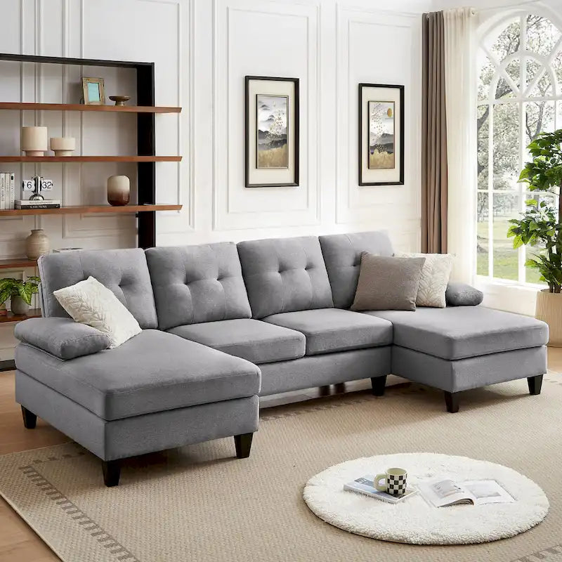 Divano angolare a U in carbone/blu/verde/cenere/beige con doppia chaise longue, 4 posti