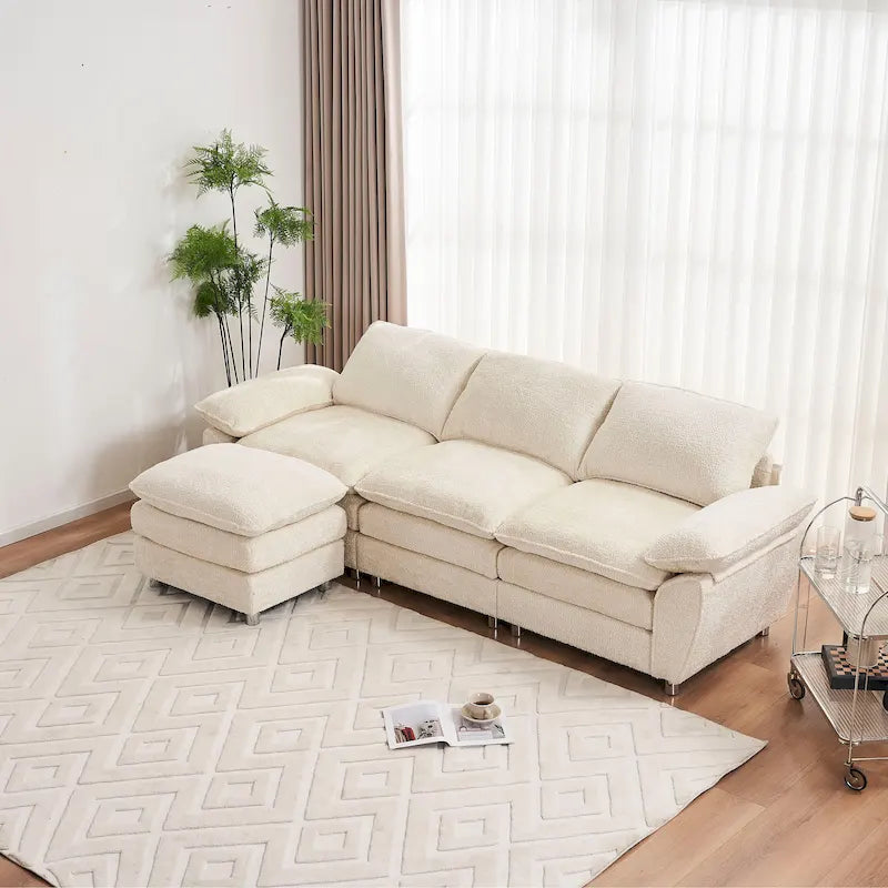 Divano a 3 posti imbottito multicolore con pouf, 3 posti a sedere