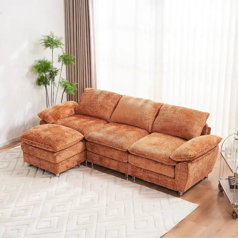 Divano a 3 posti imbottito multicolore con pouf, 3 posti a sedere