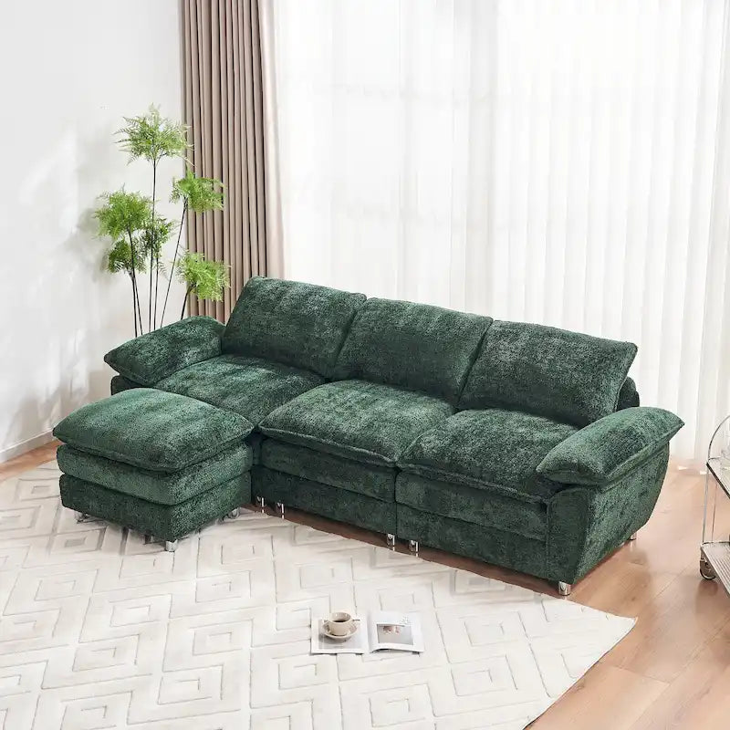 Divano a 3 posti imbottito multicolore con pouf, 3 posti a sedere