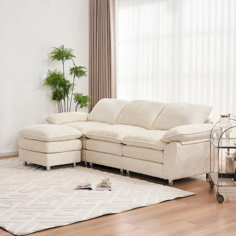 Divano a 3 posti imbottito multicolore con pouf, 3 posti a sedere