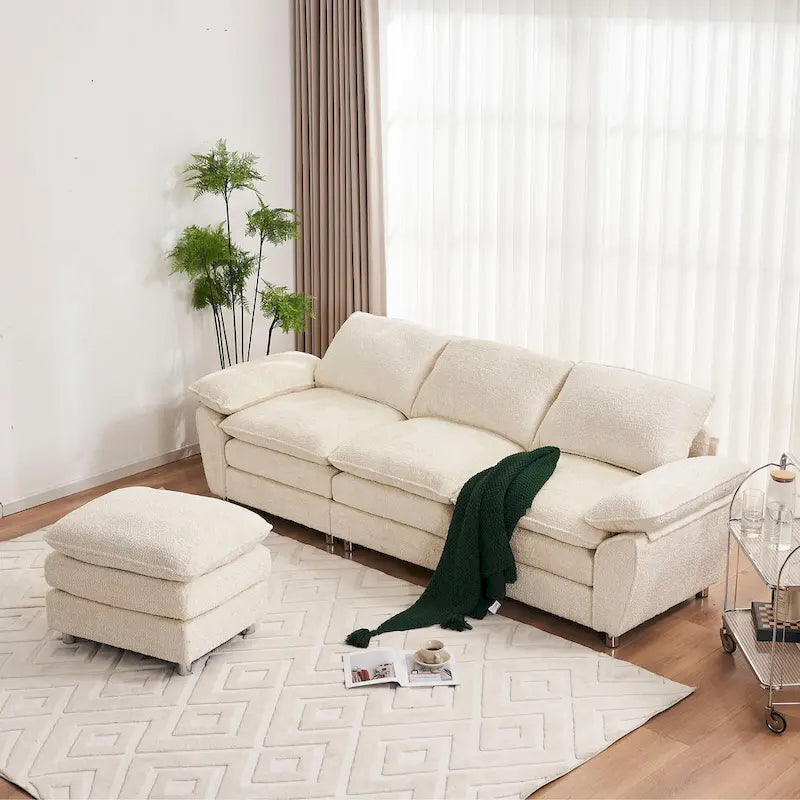 Divano a 3 posti imbottito multicolore con pouf, 3 posti a sedere