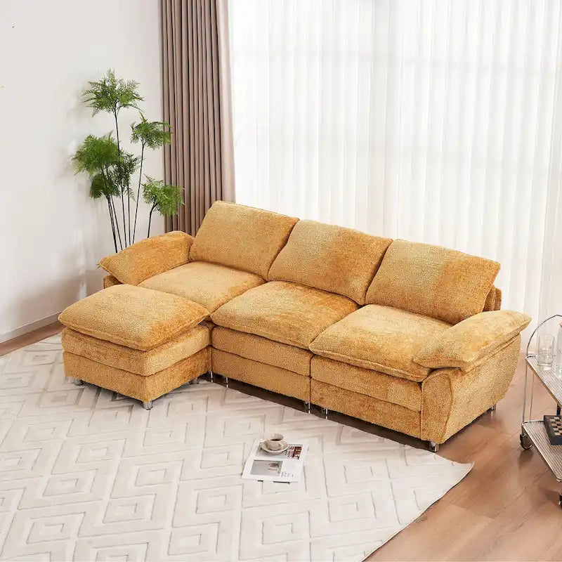 Divano a 3 posti imbottito multicolore con pouf, 3 posti a sedere