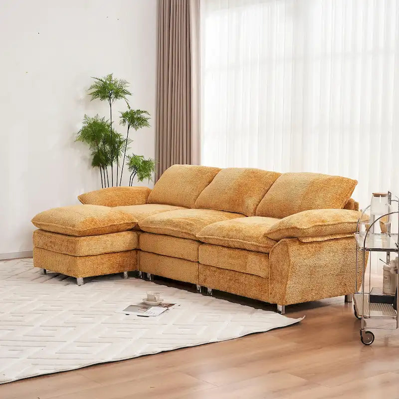 Divano a 3 posti imbottito multicolore con pouf, 3 posti a sedere