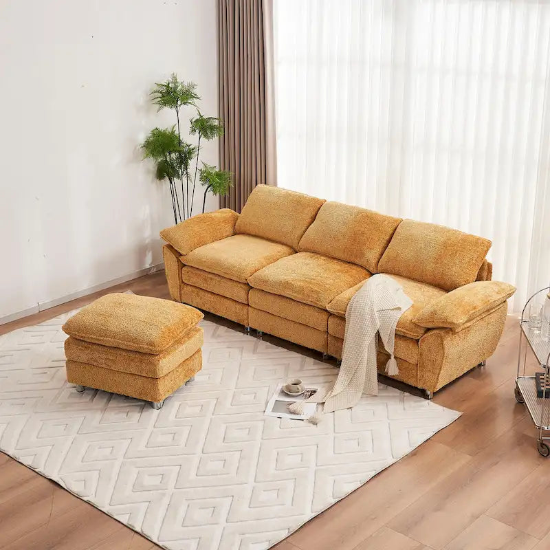 Divano a 3 posti imbottito multicolore con pouf, 3 posti a sedere
