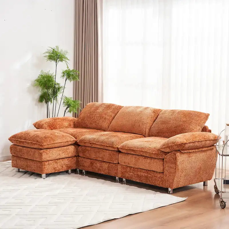 Divano a 3 posti imbottito multicolore con pouf, 3 posti a sedere