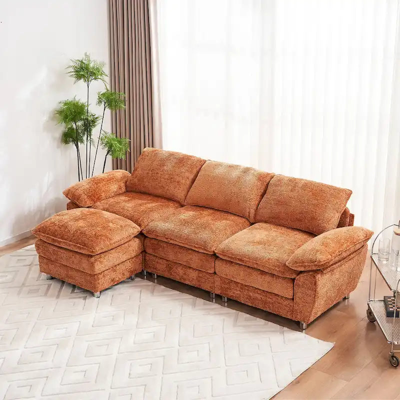 Divano a 3 posti imbottito multicolore con pouf, 3 posti a sedere