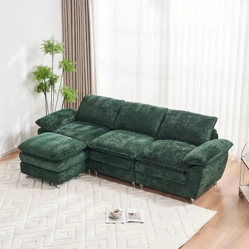 Divano a 3 posti imbottito multicolore con pouf, 3 posti a sedere