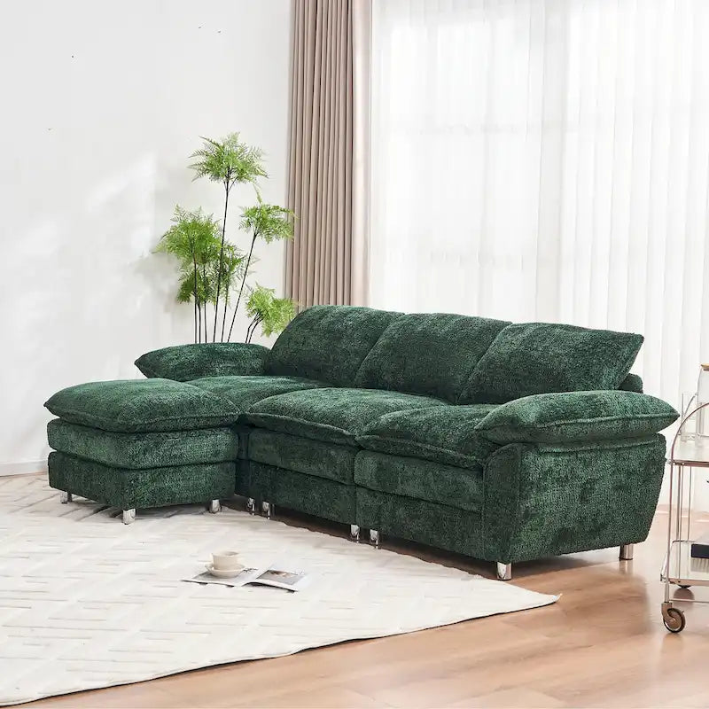 Divano a 3 posti imbottito multicolore con pouf, 3 posti a sedere
