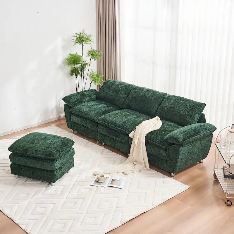 Divano a 3 posti imbottito multicolore con pouf, 3 posti a sedere