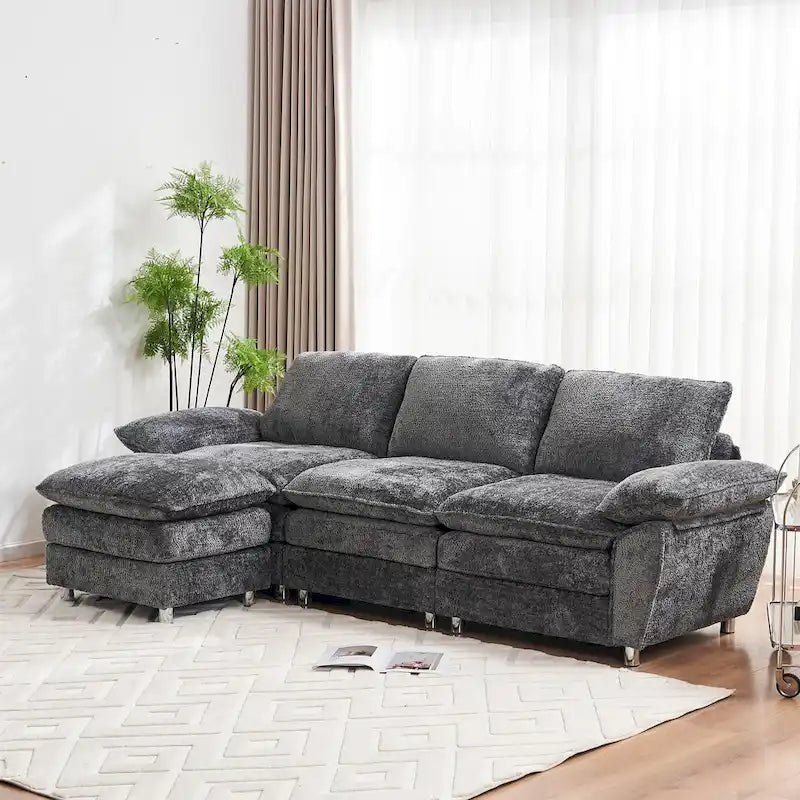 Divano a 3 posti imbottito multicolore con pouf, 3 posti a sedere