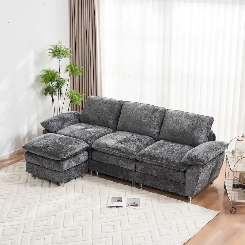 Divano a 3 posti imbottito multicolore con pouf, 3 posti a sedere