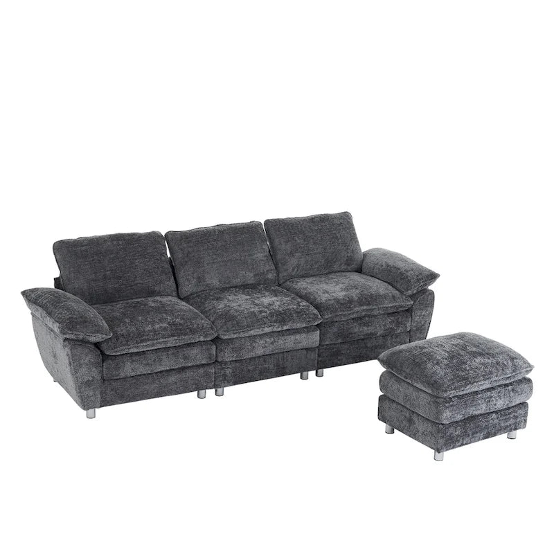 Divano a 3 posti imbottito multicolore con pouf, 3 posti a sedere