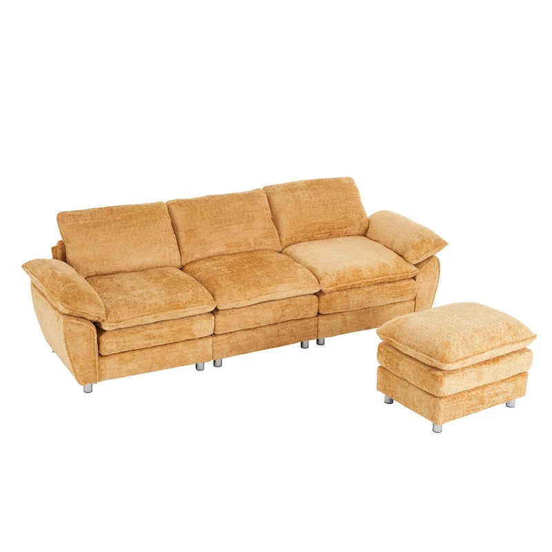 Divano a 3 posti imbottito multicolore con pouf, 3 posti a sedere