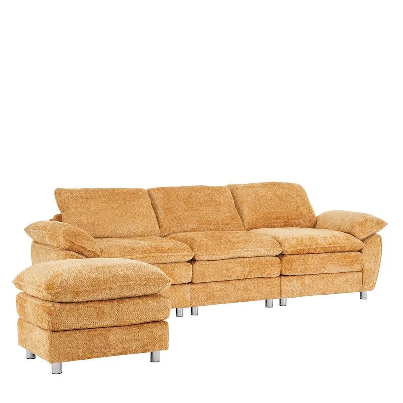 Divano a 3 posti imbottito multicolore con pouf, 3 posti a sedere