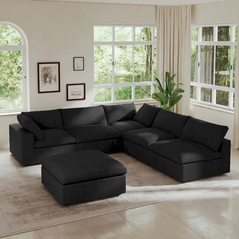 Divano modulare a L con pouf, 5 posti (Antracite scuro / Cachi / Bianco / Grigio)